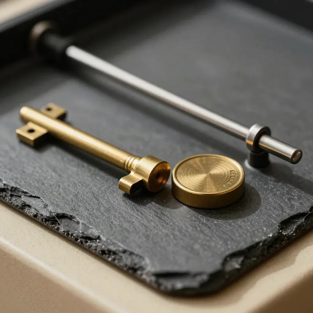 Macro still life of tally counter, brass tokens and graphite balance pan on slate with dark bokeh.