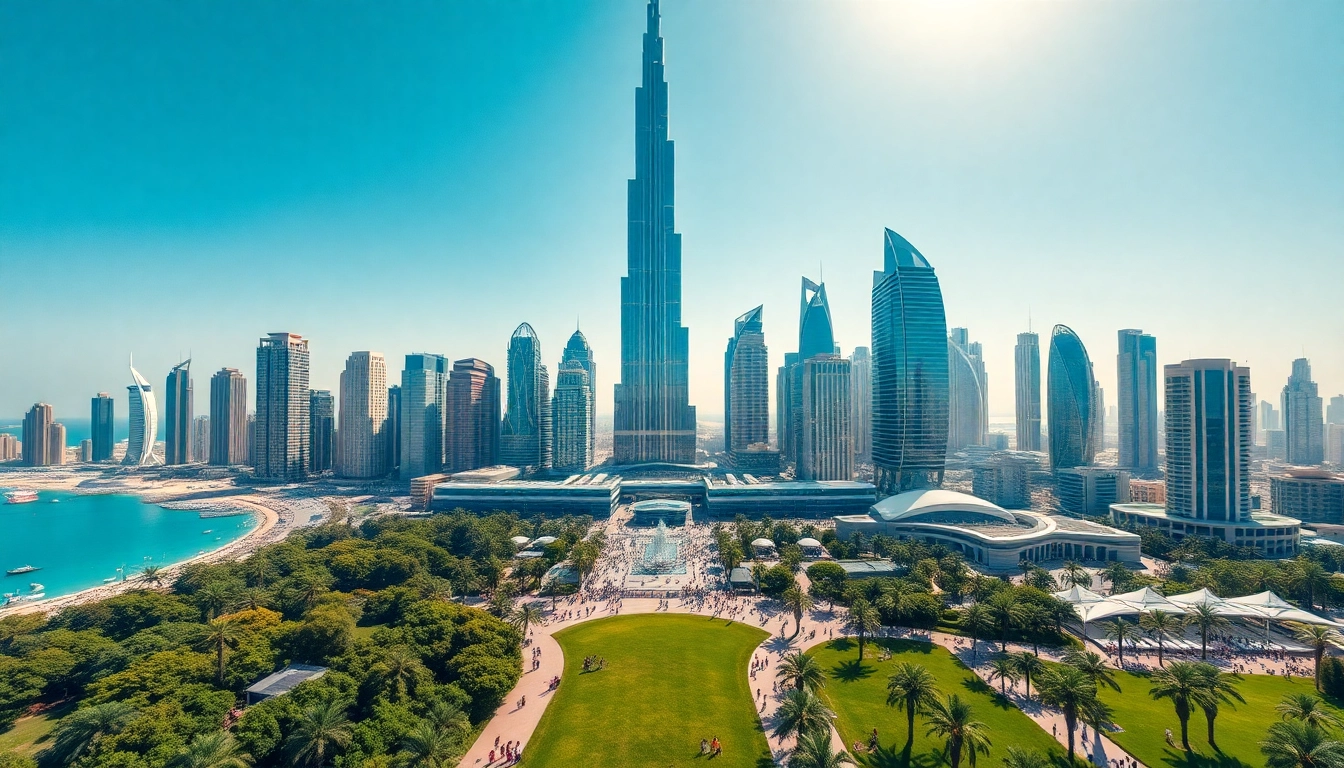 Visit the vibrant attractions of the Dubai City Guide with stunning aerial skyline views.