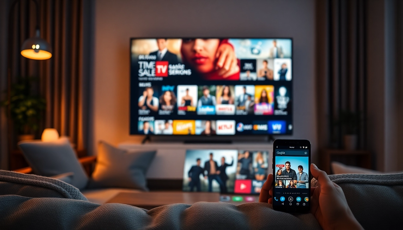 Watch series online on an engaging streaming interface in a cozy living room.