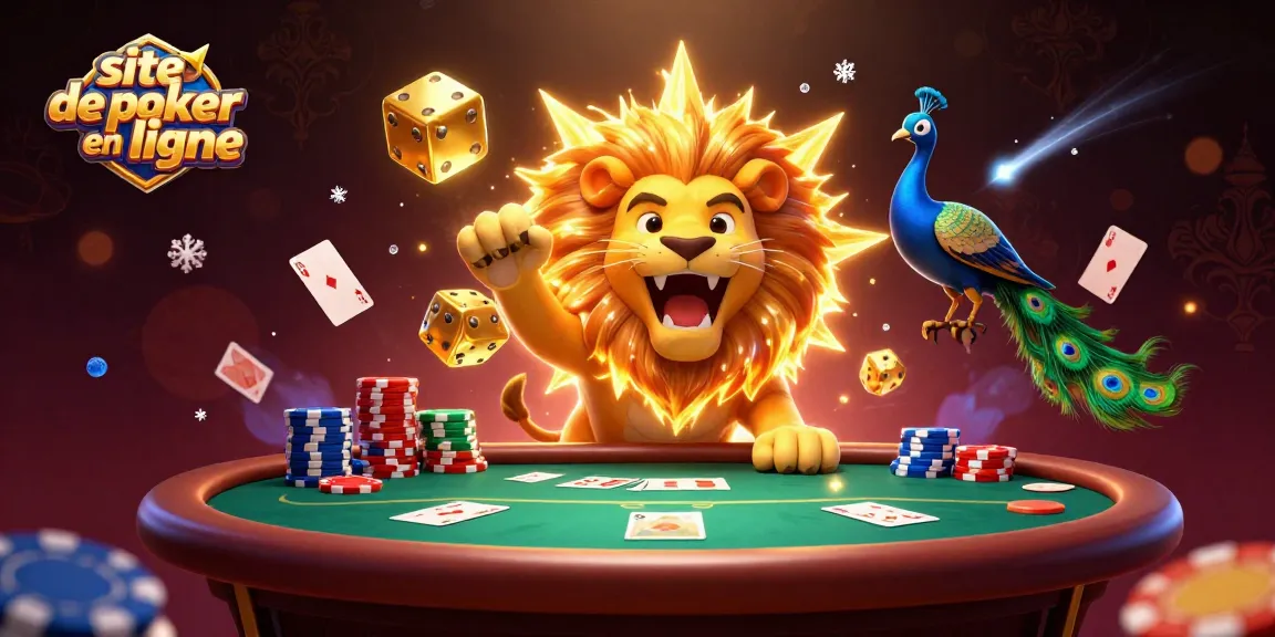 Jouer au poker sur un site de poker en ligne avec un lion rayonnant, des dés dorés et une ambiance dynamique.