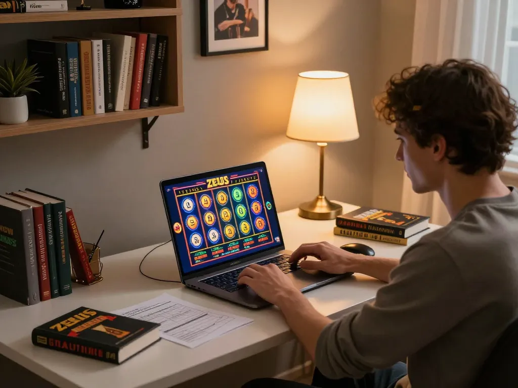 Memainkan permainan link slot di laptop dalam pengaturan permainan rumah yang nyaman dengan catatan strategi terlihat.