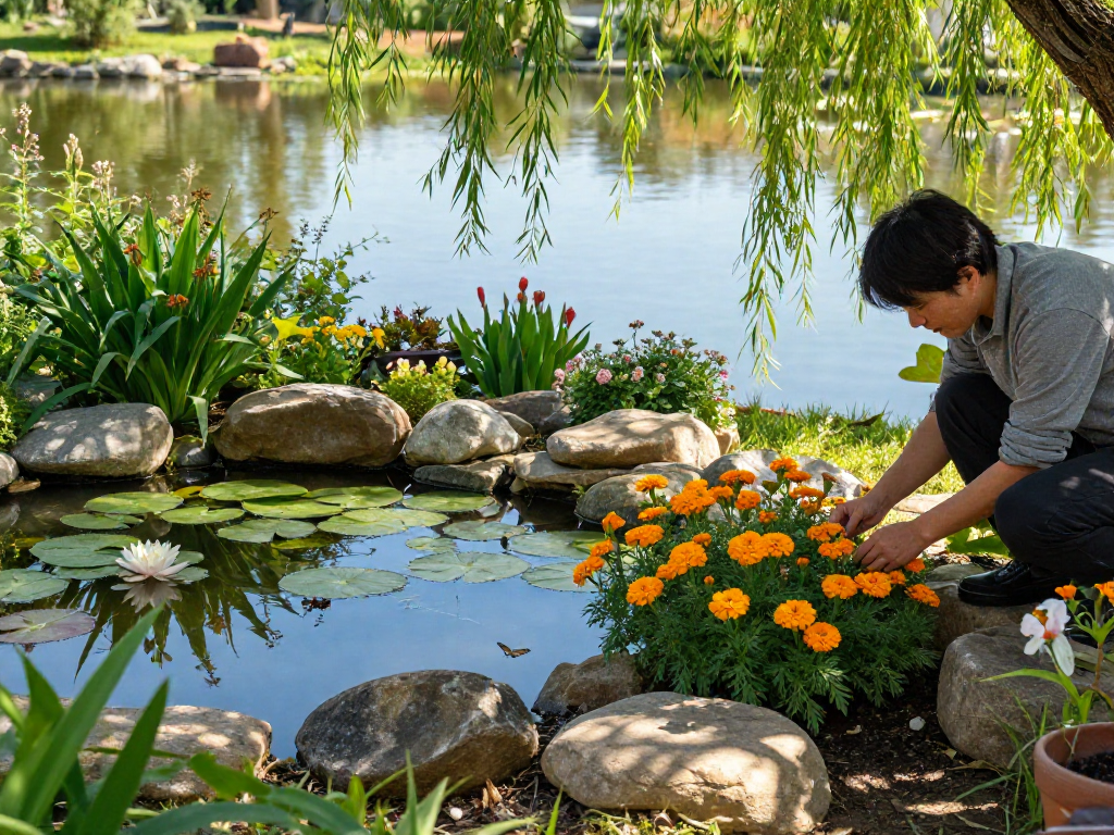 Marginal Pond Plants thriving along a tranquil pond, with a gardener tending to vibrant flora in a serene garden setting.