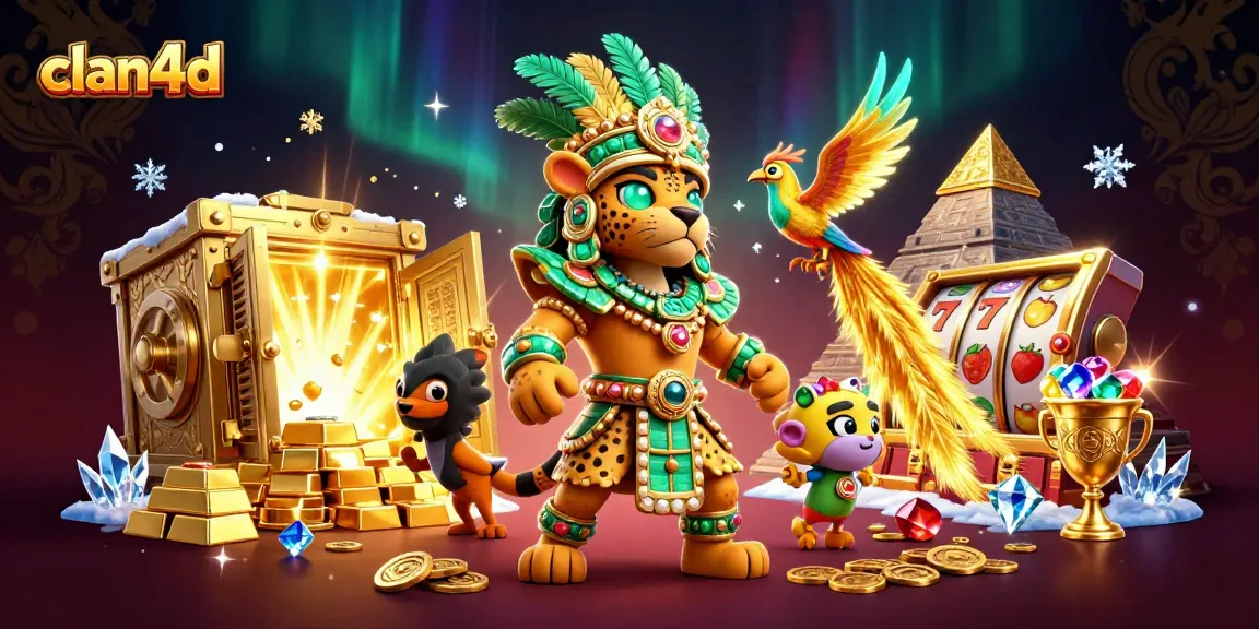 Engage with clan4d in a vibrant casino scene featuring dynamic Mayan symbols and treasures.