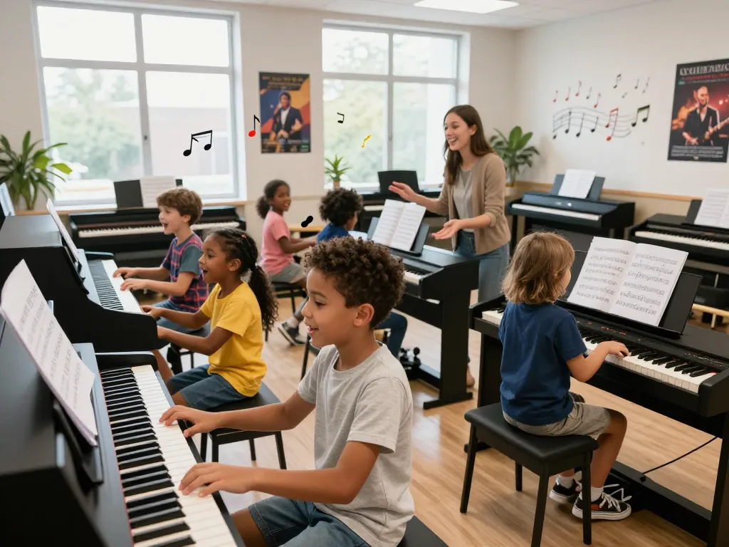 Children learning music together on go 88 digital pianos in a bright studio.