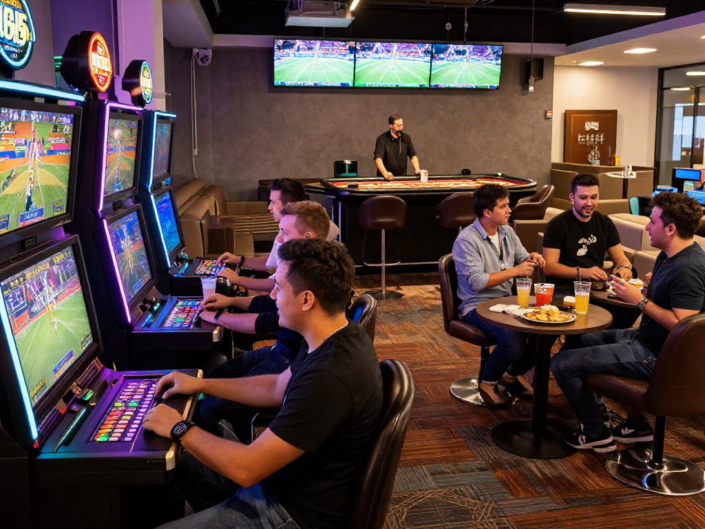Vibrant atmosphere of an exciting european online casino with players engaged at gaming stations.