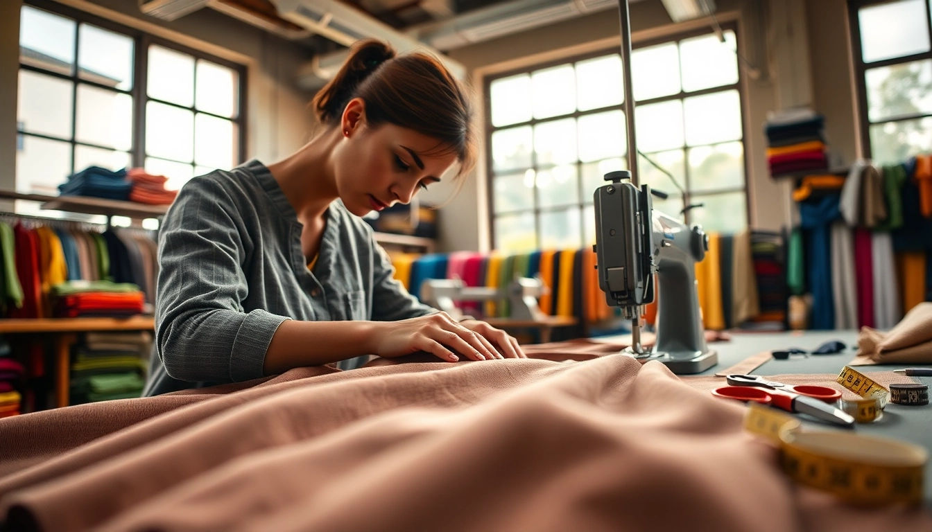 Clothes Manufacturer creating a beautiful skirt in a workshop with vibrant textiles.