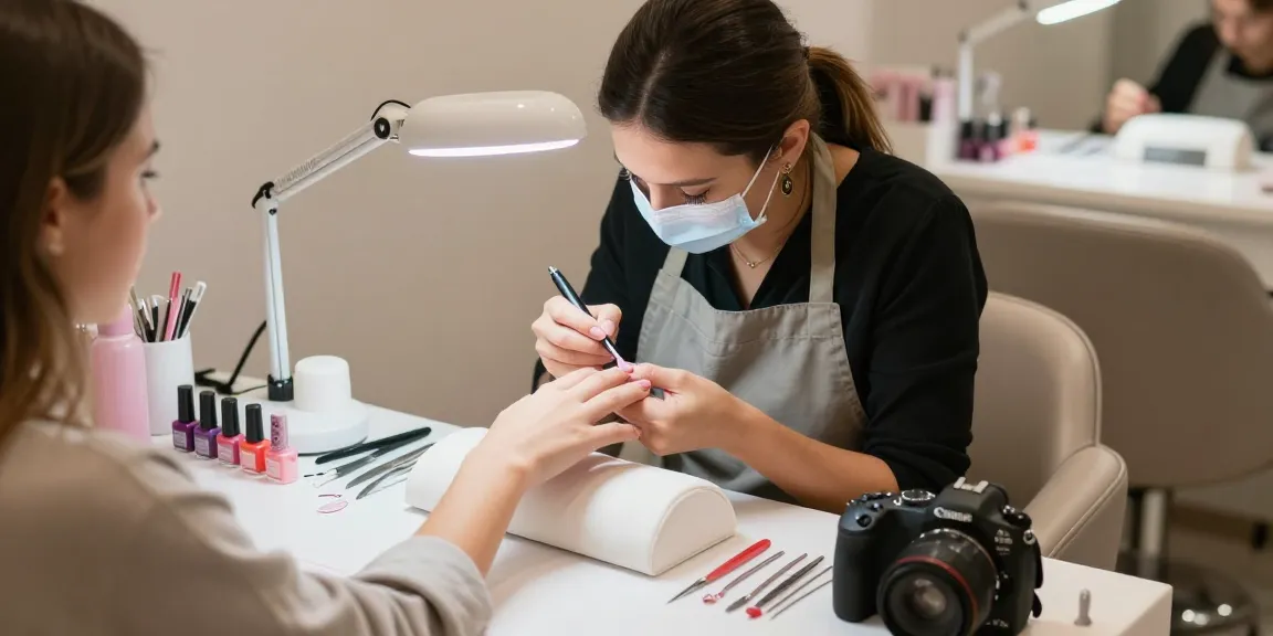 Tehnician profesionist de unghii folosind o lampa UV LED unghii pentru aplicarea ojei gel într-un salon de frumusețe modern.