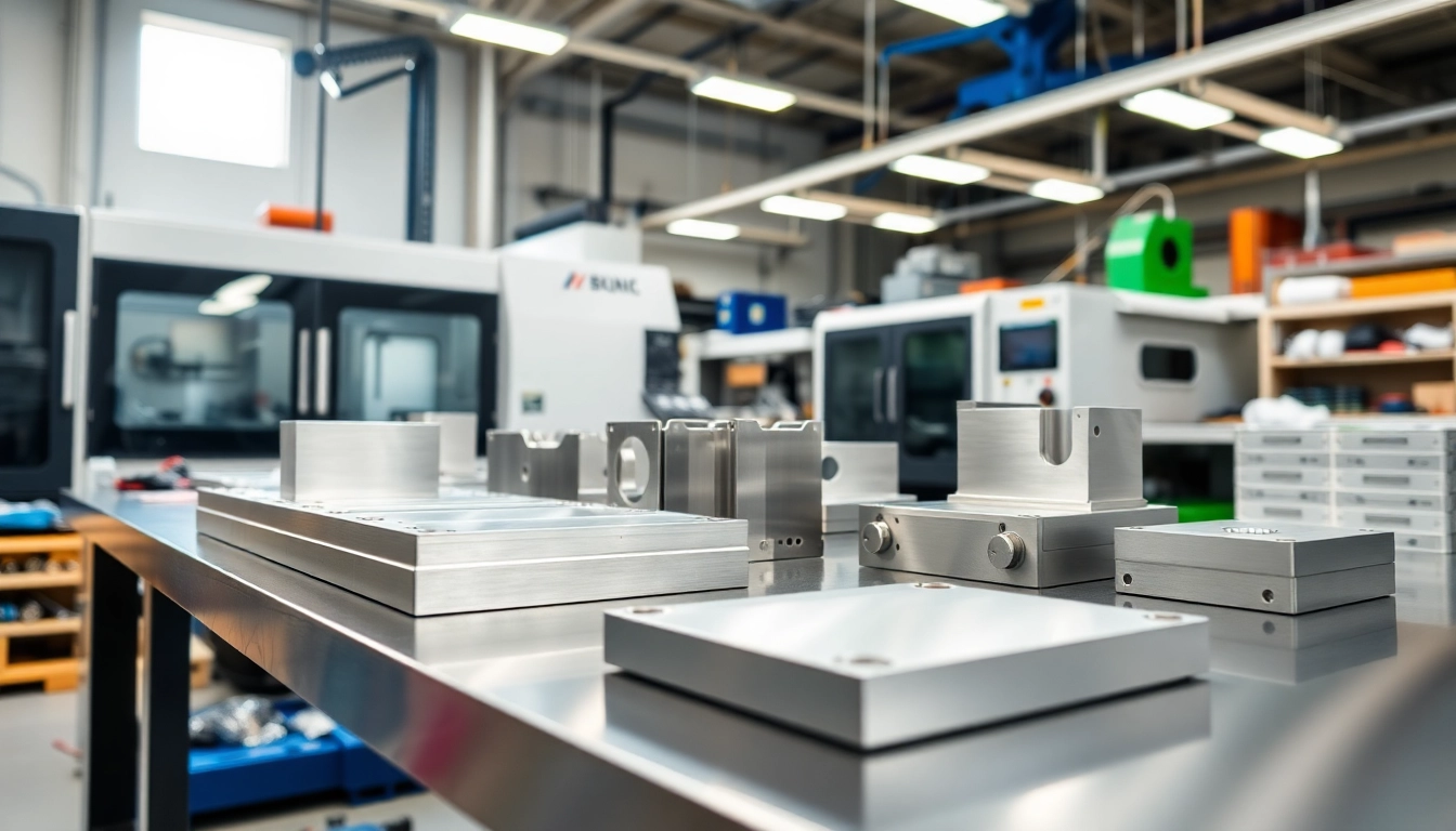 Showcasing aluminum prototypes on a modern workbench with precision machining tools and bright lighting.