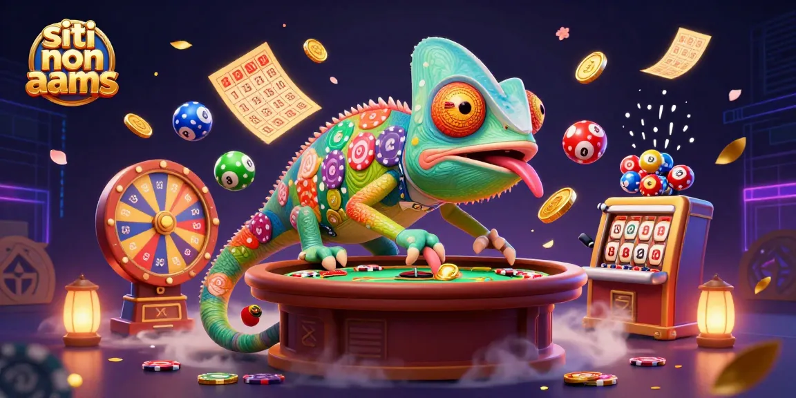 Siti non AAMS: Illustrazione vivace di un casinò con un camaleonte proprietario che osserva le scommesse e raccoglie monete d’oro.