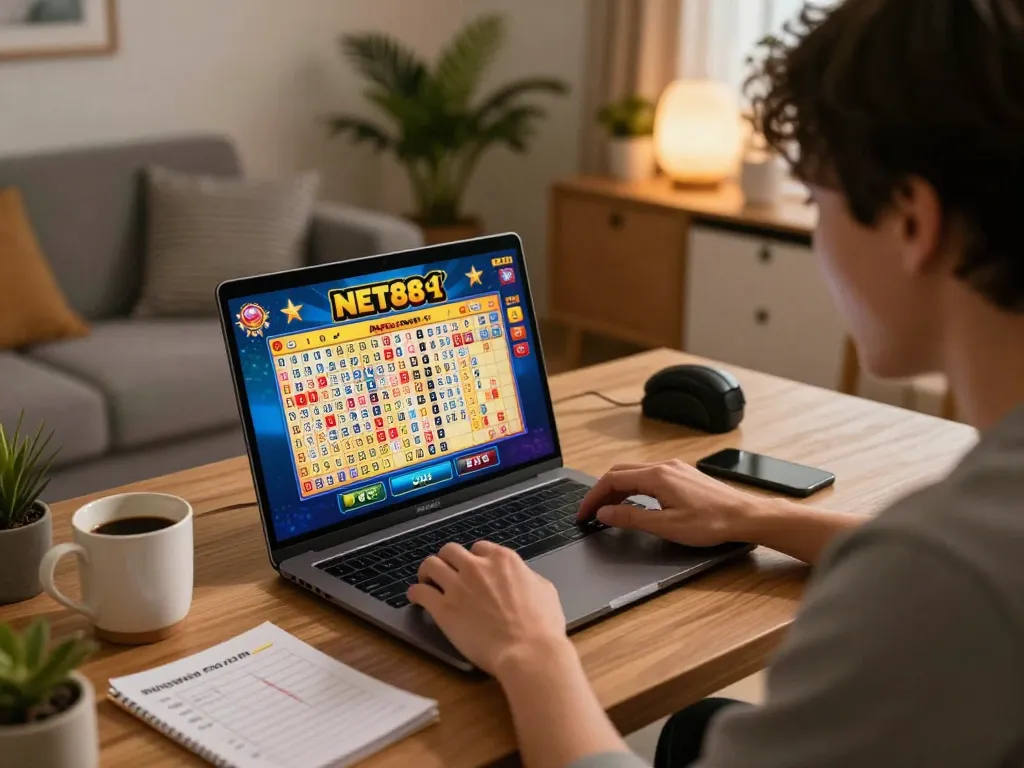 Engaging in Mega 6/45 NET88 lottery game on a laptop, showcasing responsible online gambling.