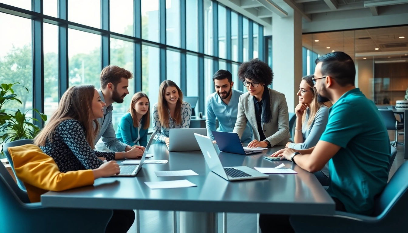 Collaborative music PR agency professionals working together in a bright office space.