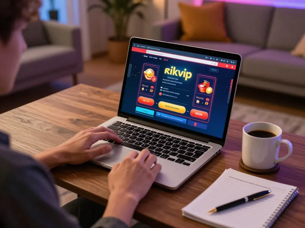Player enjoying rikvip online casino game on laptop in a cozy home setup with strategy notes.