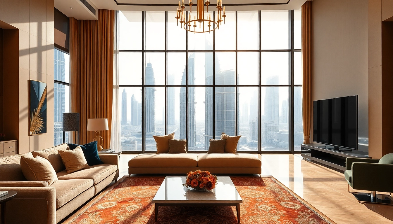 Elegant interior design dubai in a luxurious living room with stunning window views.