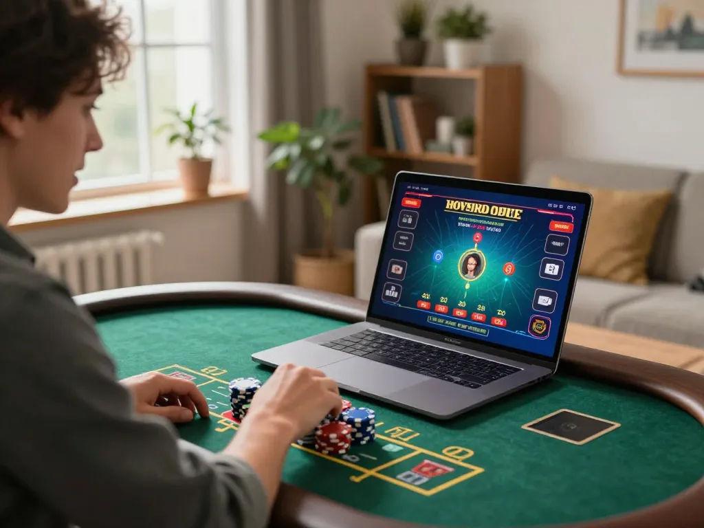 Player enjoying TG88 online casino game with chips ready to bet in a cozy home setting.