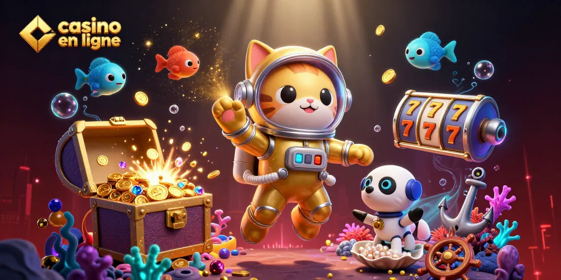 Gagnez au casino en ligne avec une illustration colorée de jeux et personnages spatiaux.