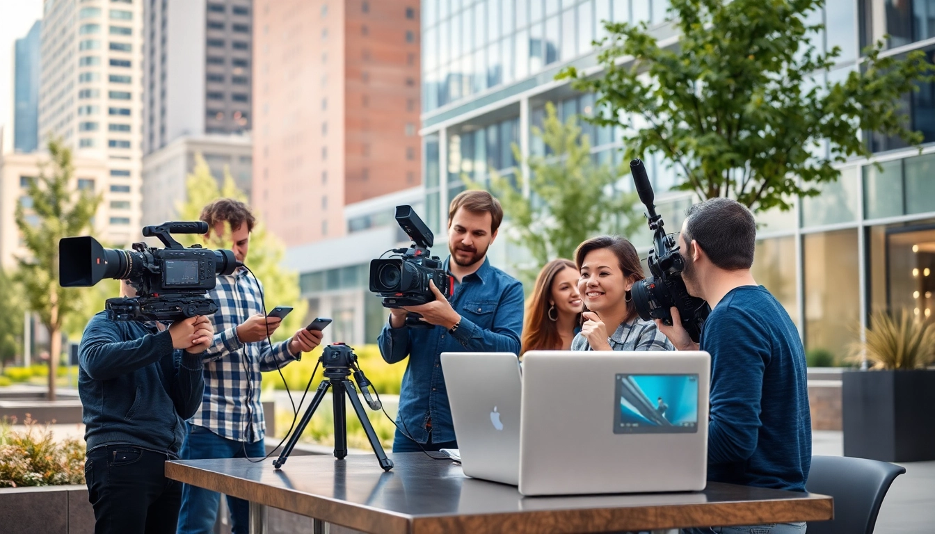 Film crew engaged in video production edmonton with advanced equipment in a lively urban setting.