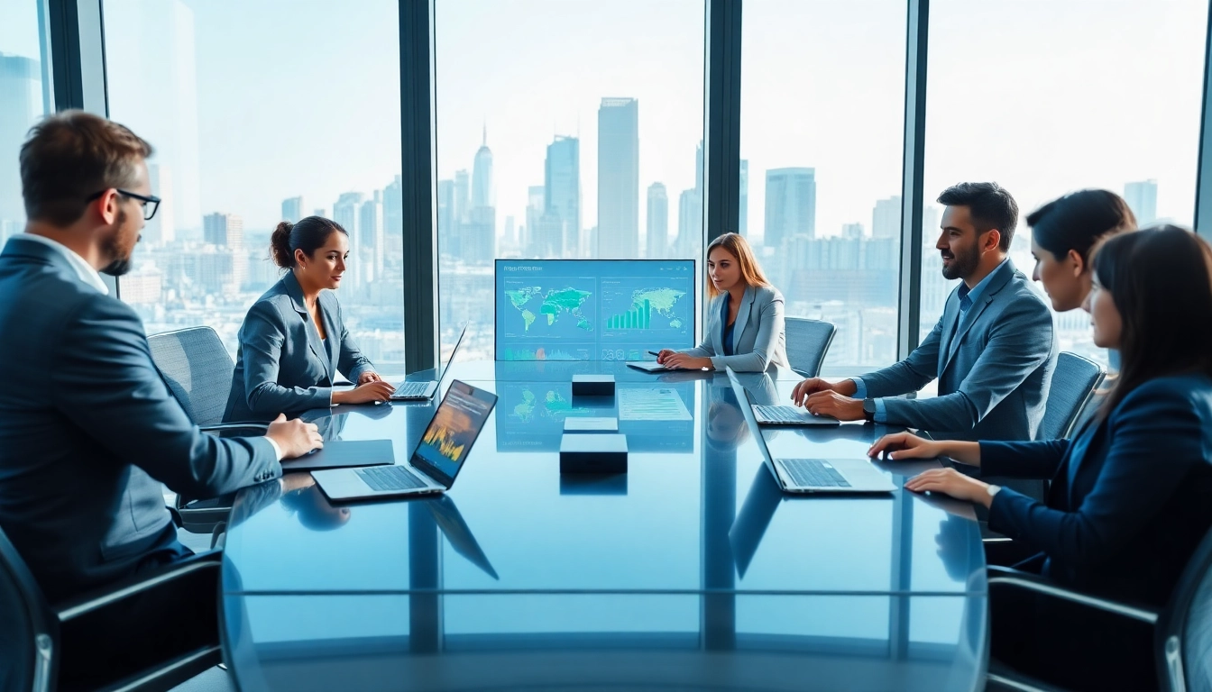 Business professionals utilizing AI for competitive intelligence in a modern office setting.