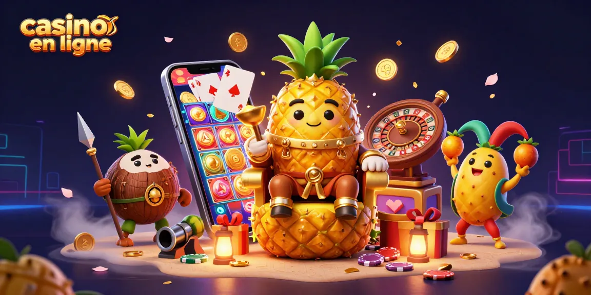 Jouez sur les meilleures plateformes de casino en ligne avec l'illustration dynamique d'un roi ananas.