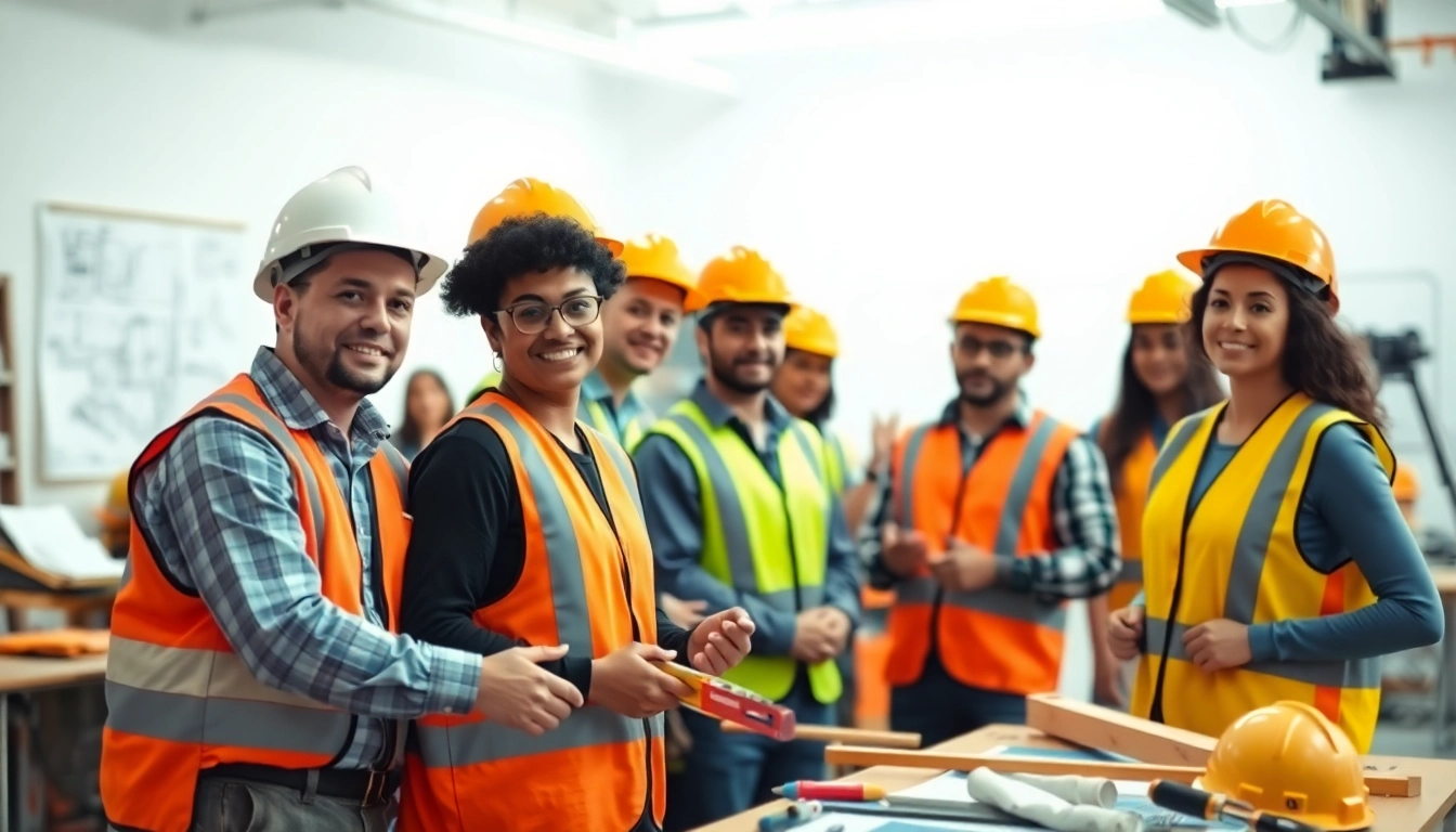 Engaged trainees gain practical skills in construction training environment with safety gear.