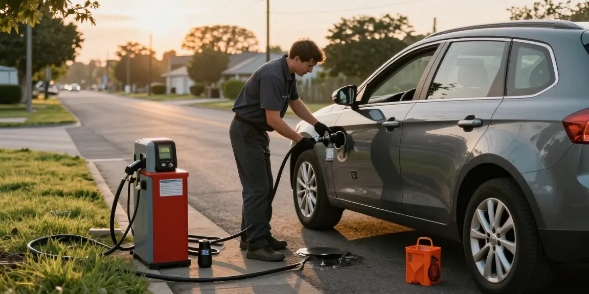 Technician draining diesel in petrol car at roadside, showcasing quick recovery service.