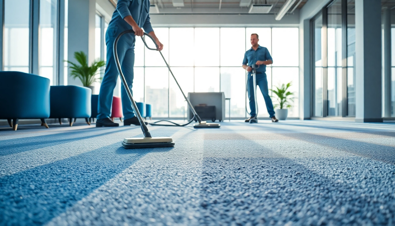 Team performing commercial carpet cleaning in a well-lit office, highlighting efficient techniques.