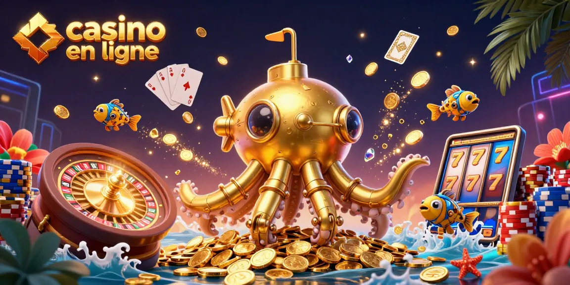 Accumulez des gains sur casino en ligne avec un kraken doré et des poissons mécaniques entourés de trésors.