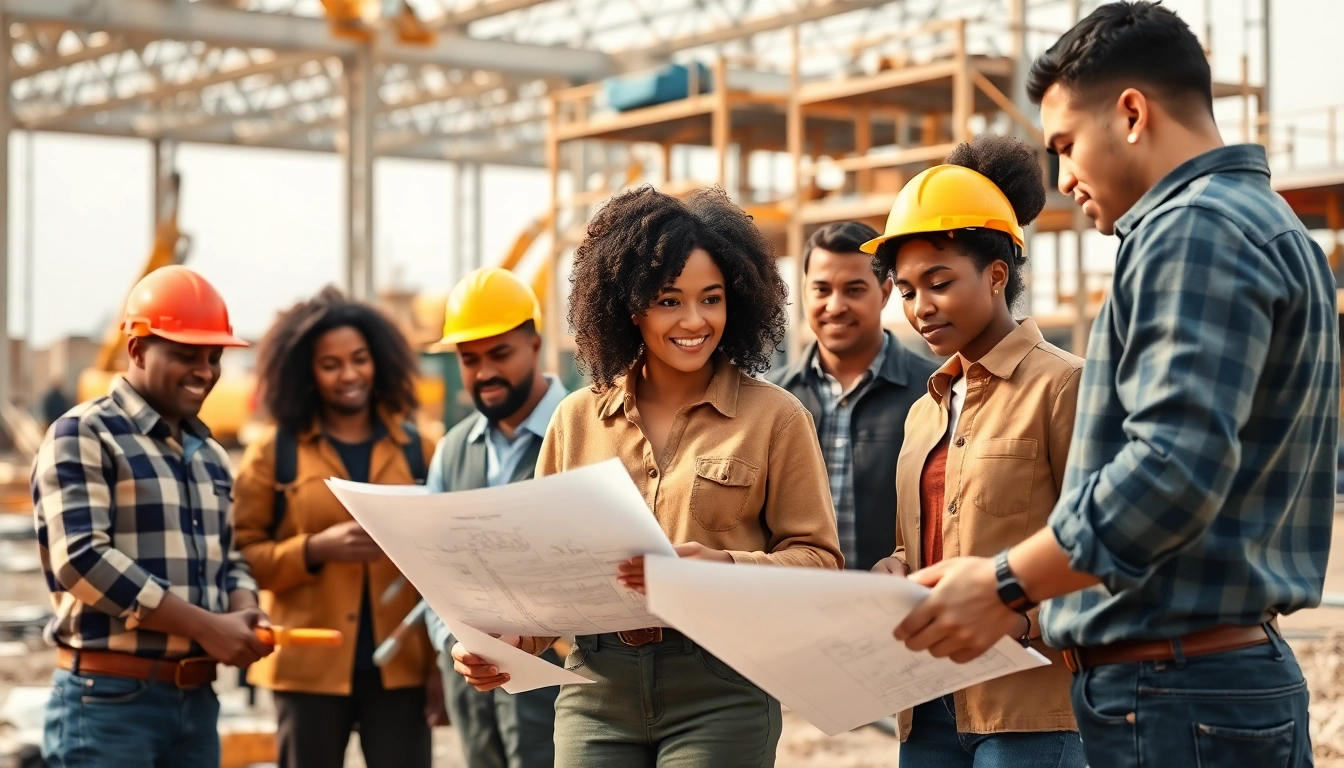Engaging construction workforce development scene with diverse professionals collaborating on-site