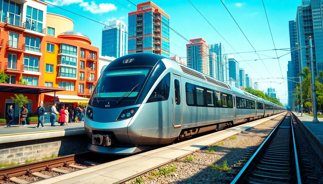 Showcasing a modern railway company train speeding through a vibrant cityscape.