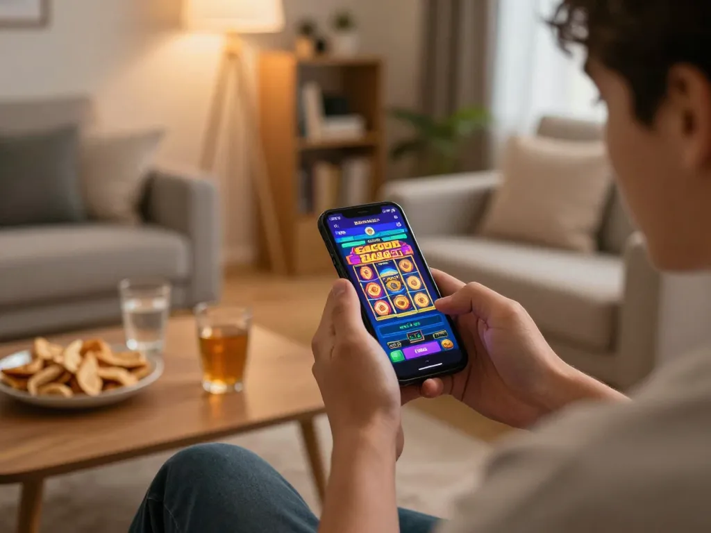 Engaging online gameplay on smartphone showcasing slot gacor 2026 game with vibrant graphics in a cozy home setting.