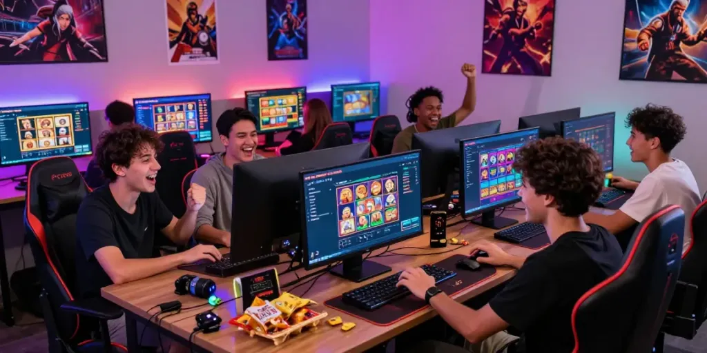 Gamers enjoying the ORION88 gaming platform in a vibrant, social setting.