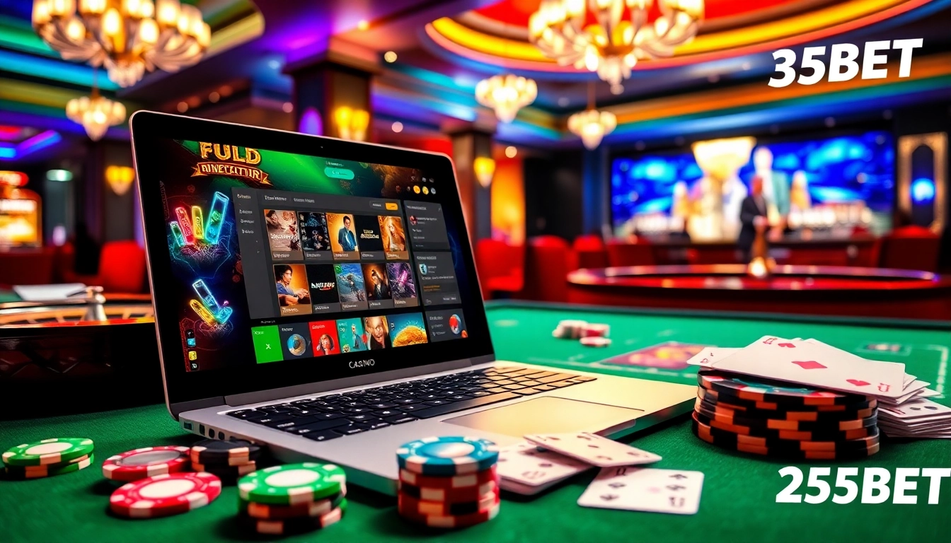Experience the excitement of online gambling with 255BET at this luxurious casino scene.