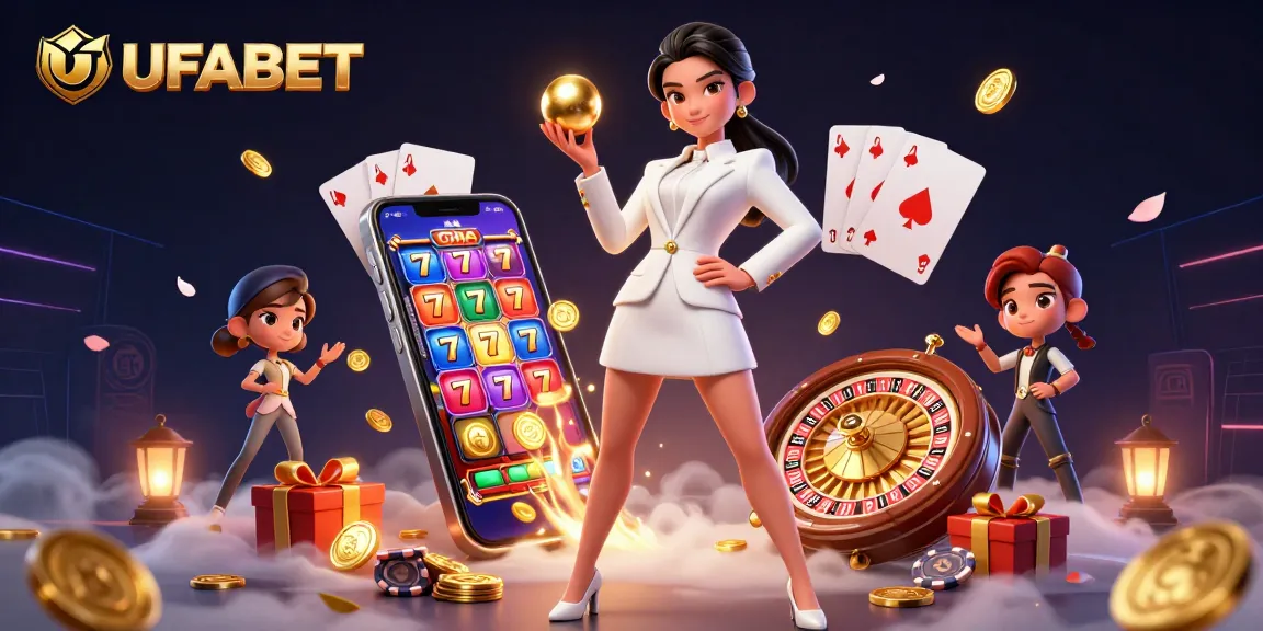 Play games with UFABET, featuring a stunning casino woman, roulette ball, and iconic gaming elements.