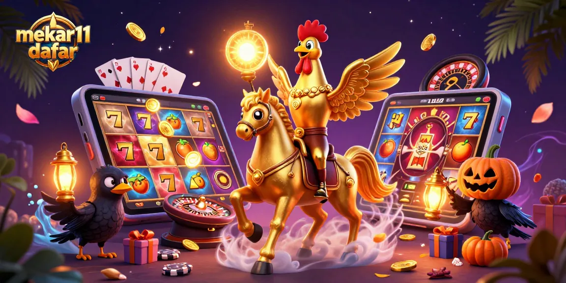 Engage with mekar11 daftar in a vibrant casino scene featuring a golden rooster and dynamic slot action.