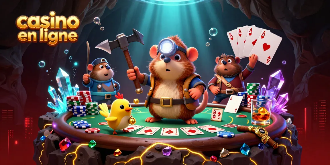 Profitez du casino en ligne avec une illustration de jeu dynamique, mettant en vedette un personnage et des éléments de poker.