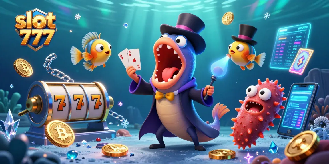 Slot 777 menampilkan ular gulper laut yang melakukan trik kartu dalam suasana kasino yang meriah.