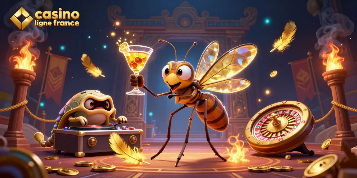Illustration dynamique représentant casino en ligne France avec un moustique mascotte et un DJ trilobite