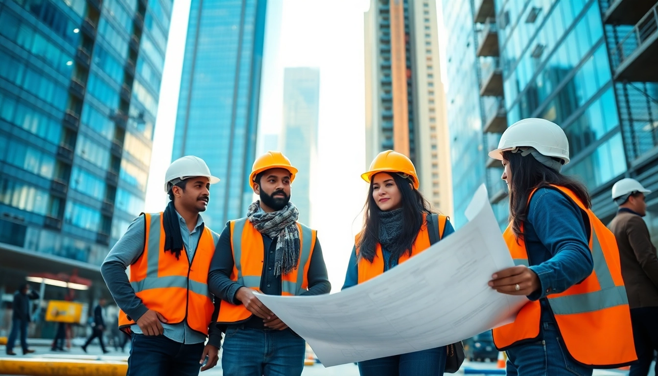 Engaging construction advocacy discussion among diverse workers at a construction site.