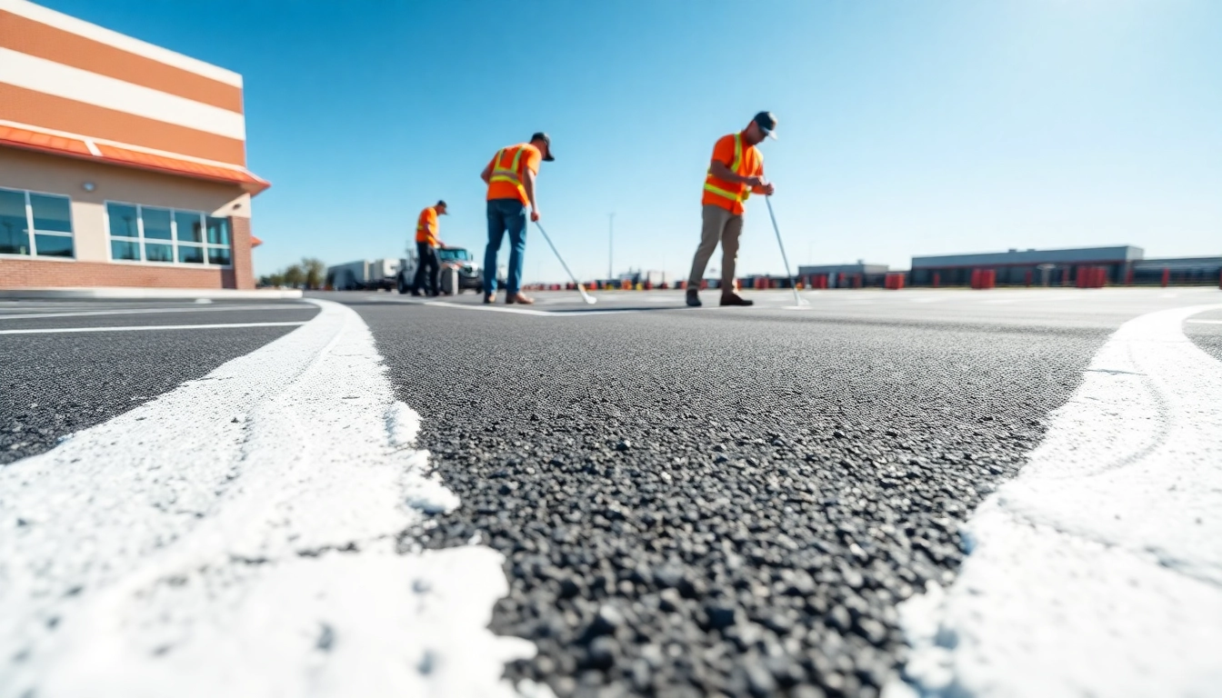 Commercial parking lot striping Jackson MS clearly depicted with a team working on fresh striping.