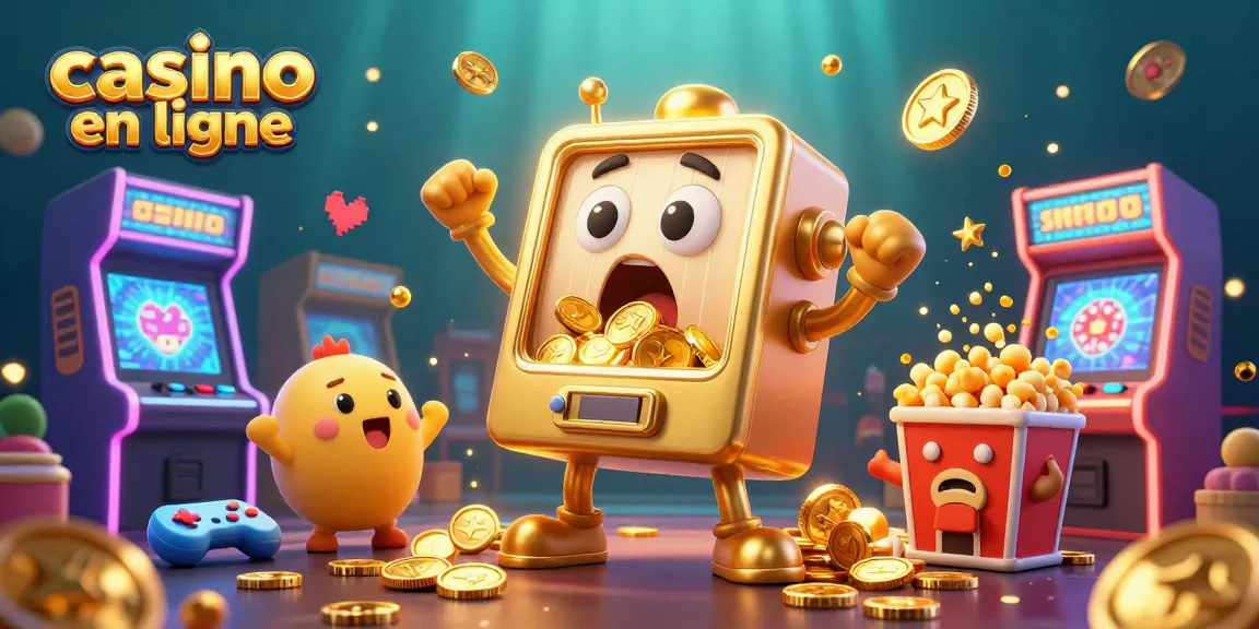 Le casino en ligne célèbre un jackpot avec une machine à sous dorée animée entourée de machines et de pièces d'or.