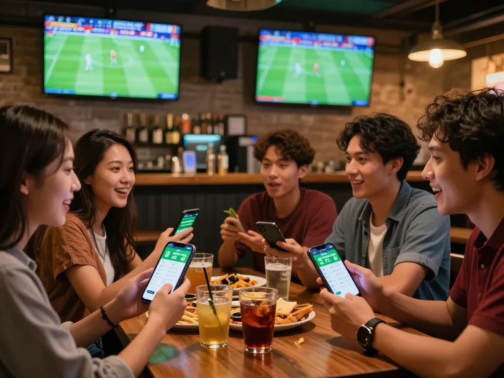 KÈO TRỰC TUYẾN betting enthusiasts discussing strategies at a vibrant sports bar.