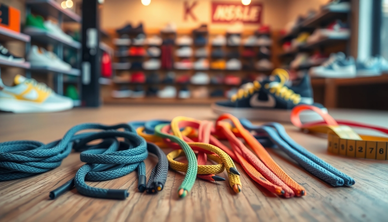 Standard lace length guide for Nike & Adidas showcasing colorful shoelaces in various lengths.