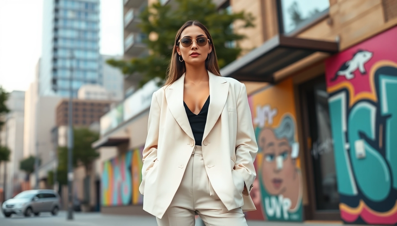 Showcase of modern Fashion trends featuring a stylish woman against a vibrant urban background.