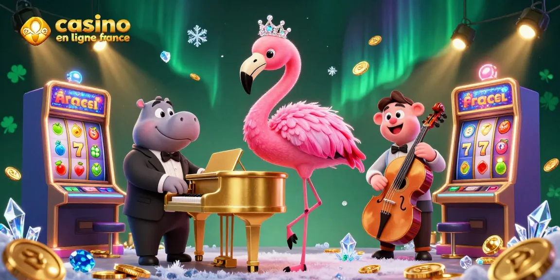 Illustration d'un chanteur de casino en ligne France avec des machines à sous colorées et des lumières scintillantes.