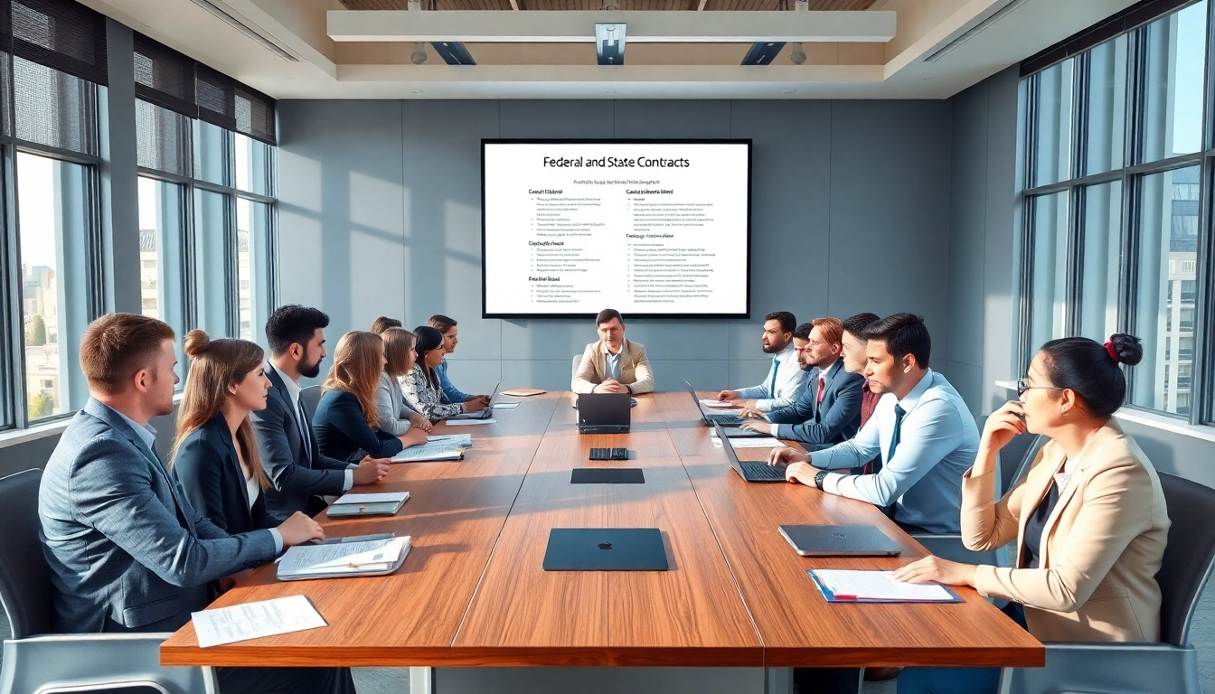Discussing Federal and State contracts in a professional meeting room setting.
