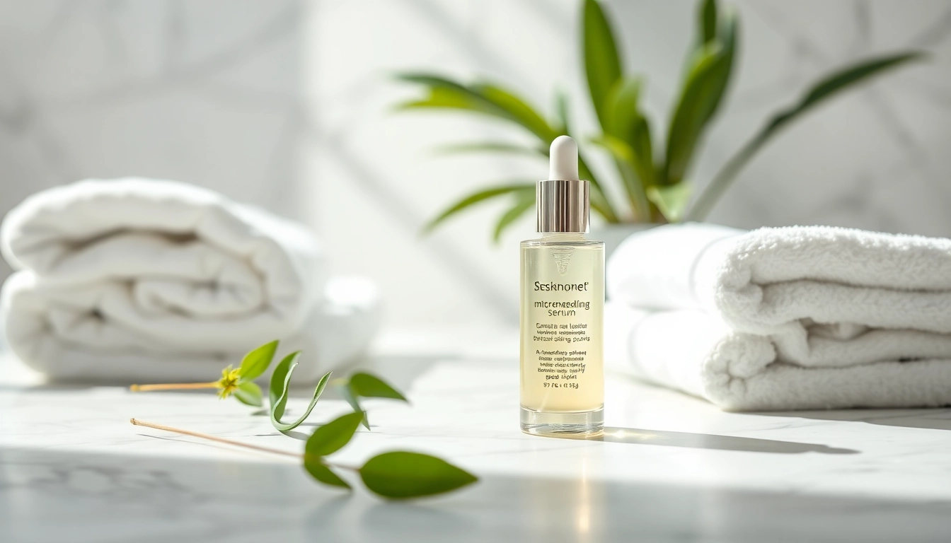 Showcasing the best microneedling serum on a marble countertop with natural elements.