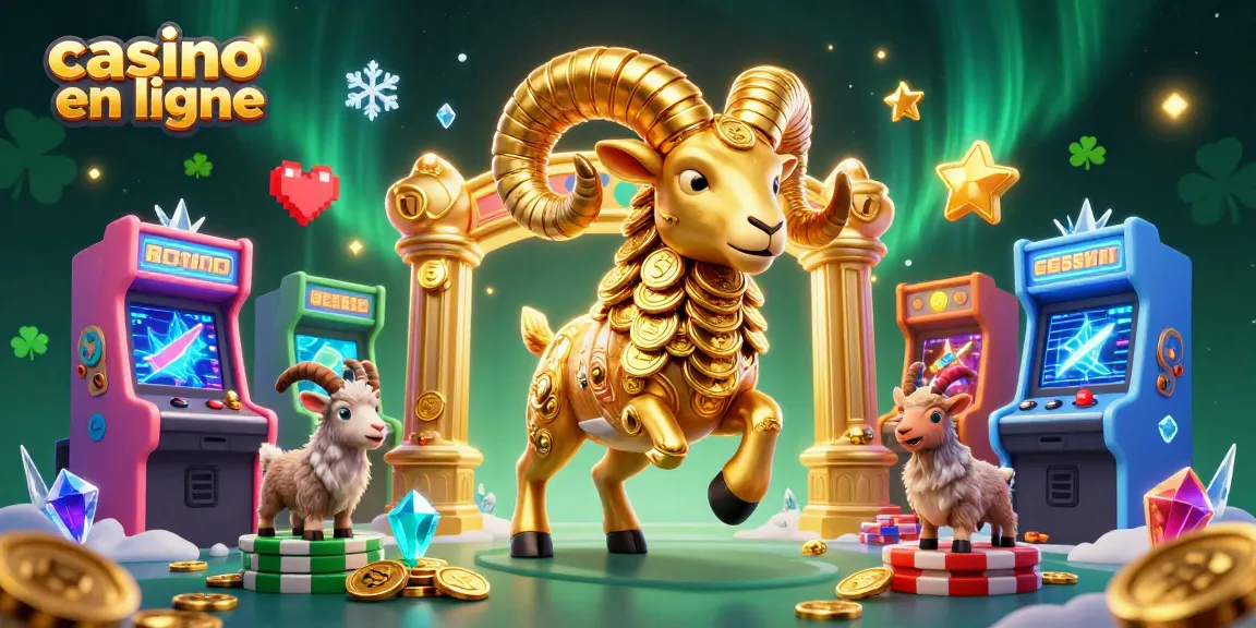 Jouez au casino en ligne avec un bélier doré chargé vers une porte en or entourée de machines de jeux.