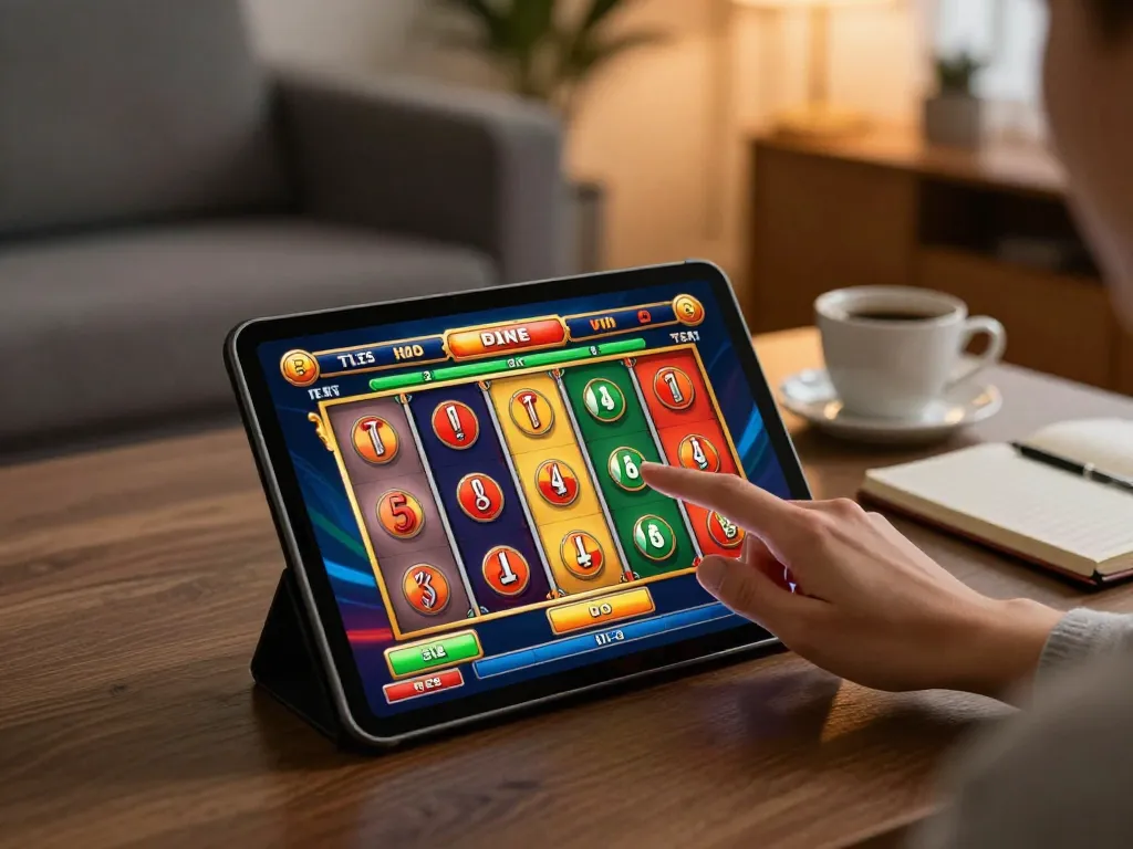 Engaging user playing LINK GACO online slots on a tablet with colorful reels and strategic notes nearby