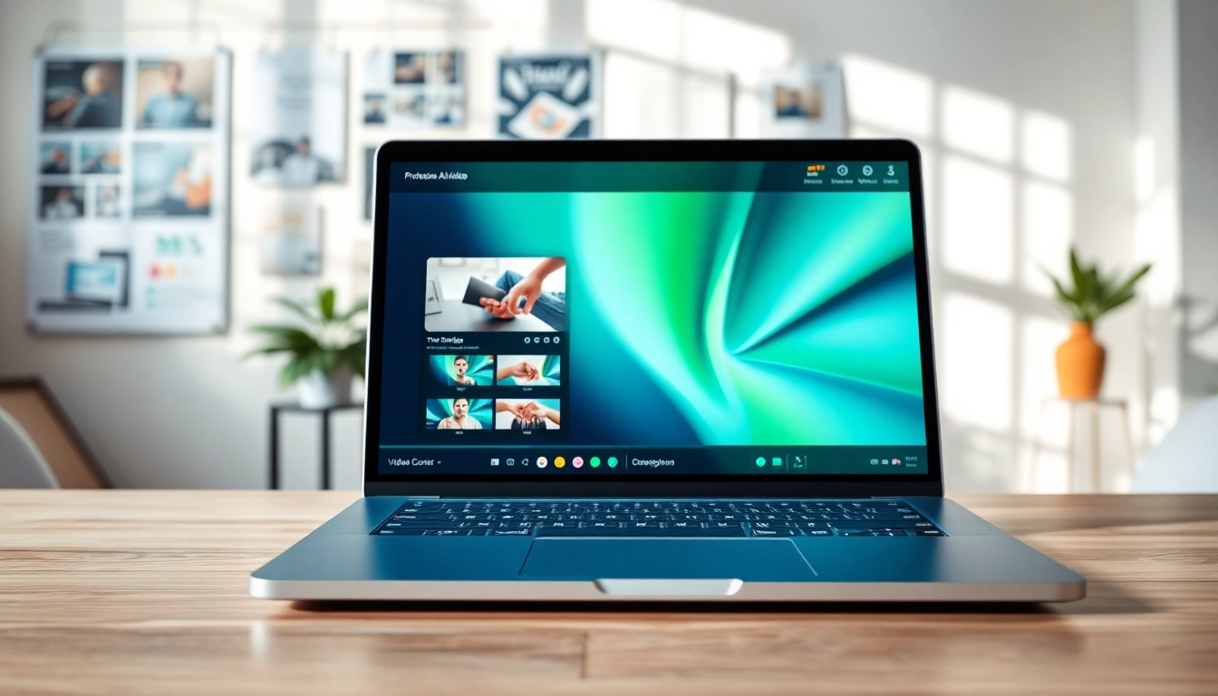 Create engaging content with an AI video generator displayed on a sleek laptop in a creative workspace.