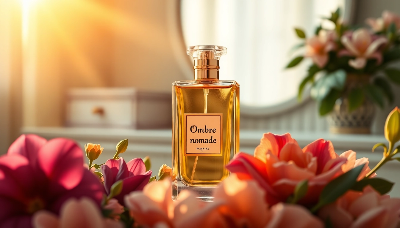 Captivating Ombre nomade perfume bottle showcased in an elegant setting with floral accents.