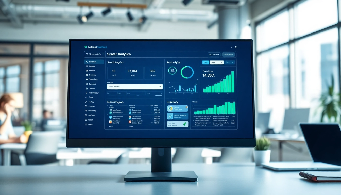 Showcasing enterprise search solutions, this professional workspace includes digital analytics.
